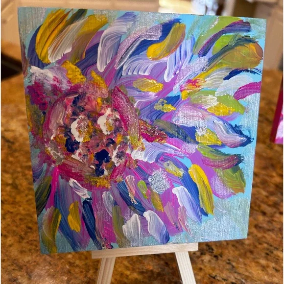 Original HandPainted Flower Stained Art on 5x5 Wooden Block Pink Gold Blue - Picture 1 of 3